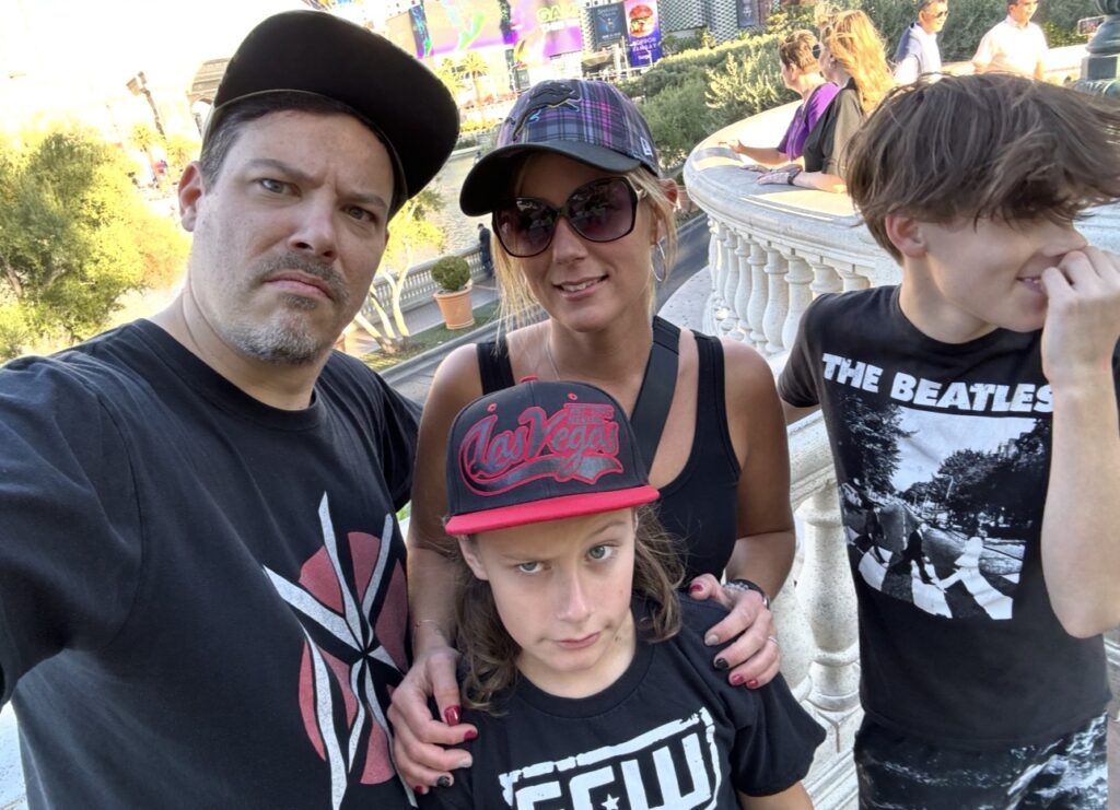 Double Down Mac, Nikki, and their kids visiting the Bellagio during a family trip to Las Vegas.