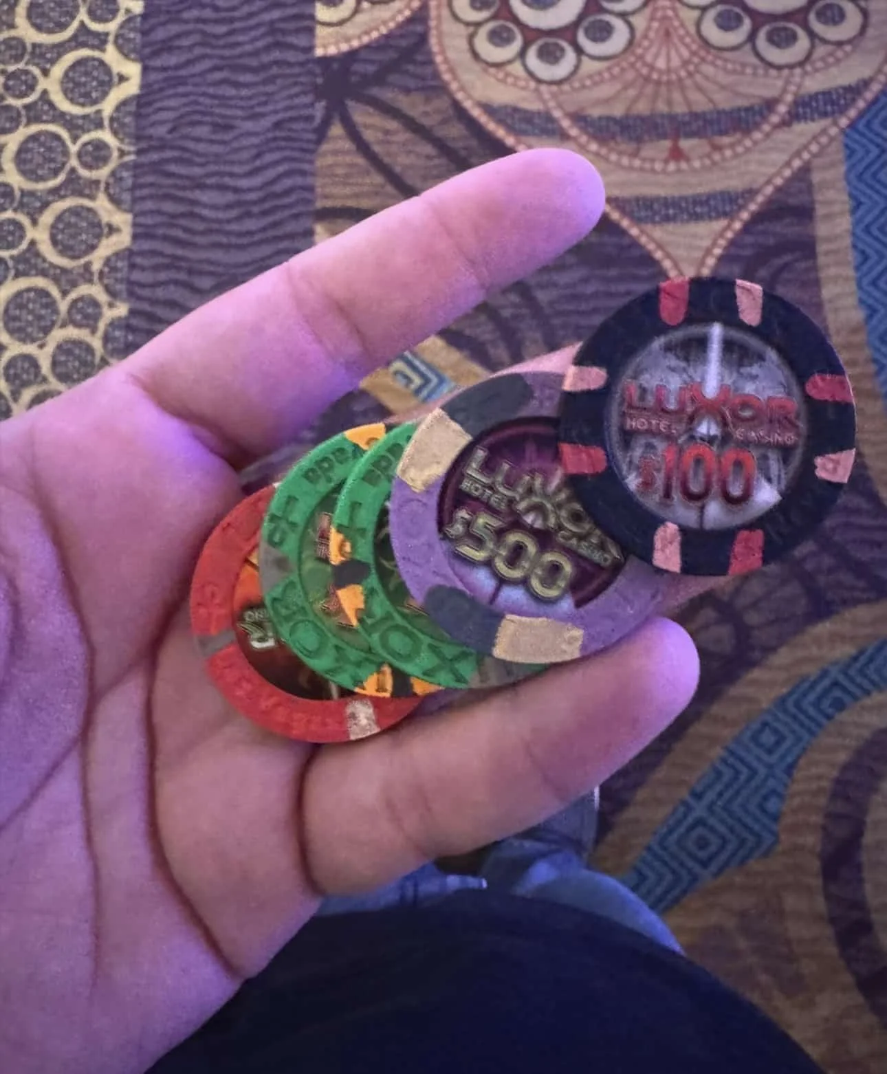 Blackjack table at Luxor Las Vegas showing casino chips and blackjack payout rules