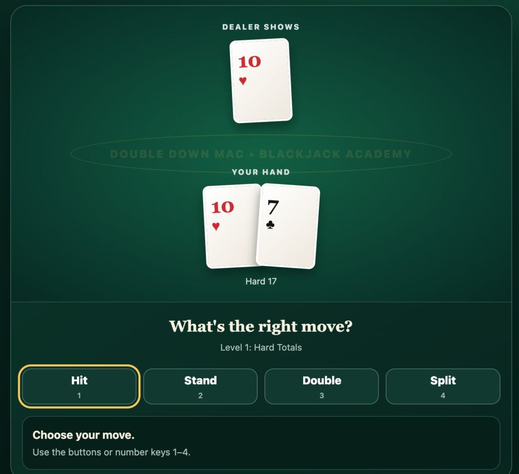 Screenshot of the Double Down Mac Blackjack Strategy Trainer showing a Hard 17 versus a dealer 10 practice hand.