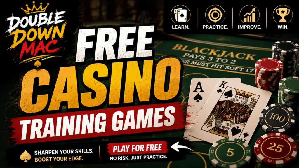 Double Down Mac free casino training games page featuring blackjack cards, poker chips, and a blackjack table.