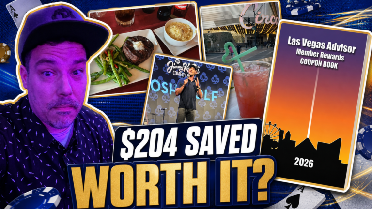 Double Down Mac with the 2026 Las Vegas Advisor coupon book and photos representing $204 in Vegas savings