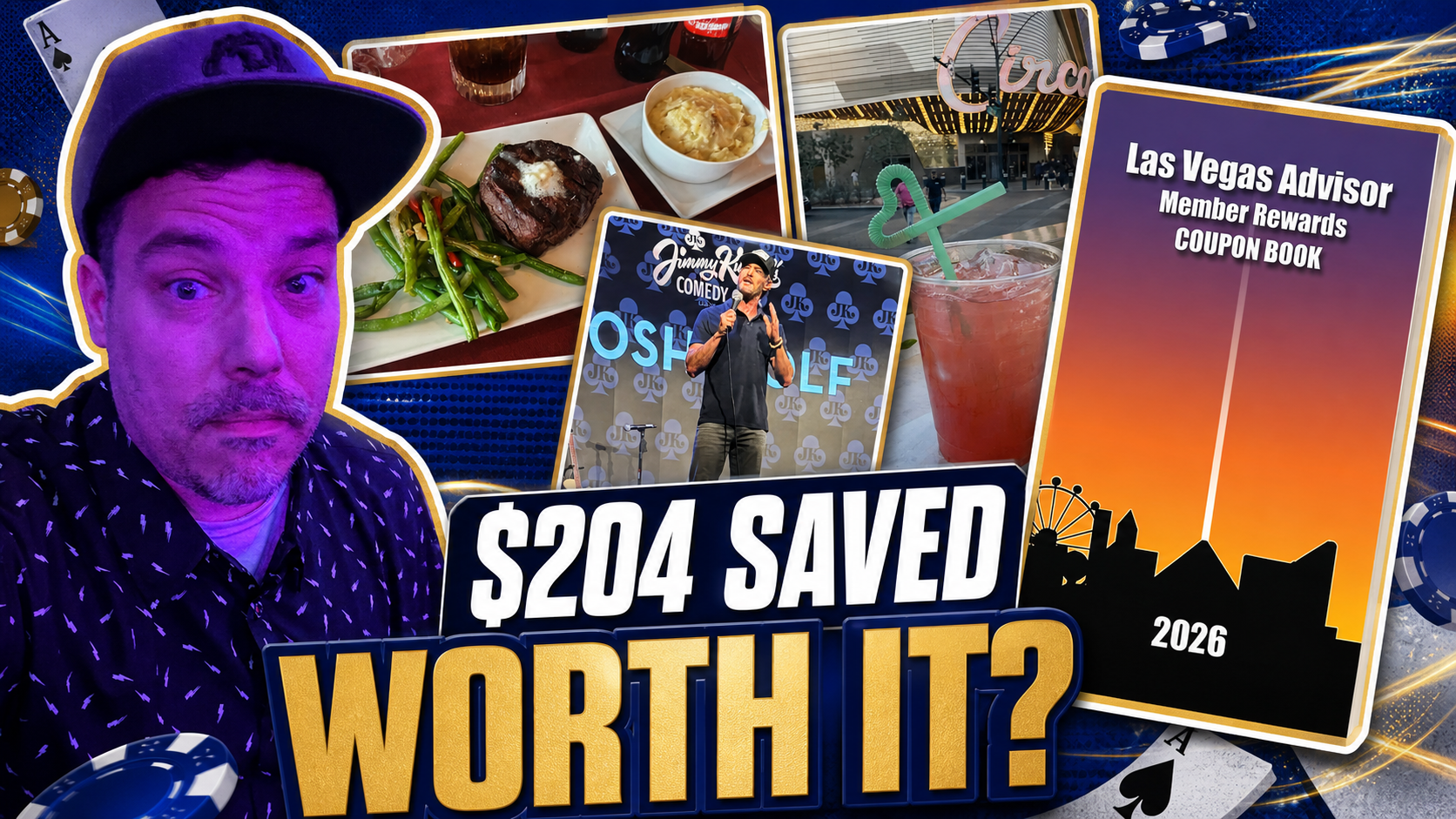 Double Down Mac with the 2026 Las Vegas Advisor coupon book and photos representing $204 in Vegas savings
