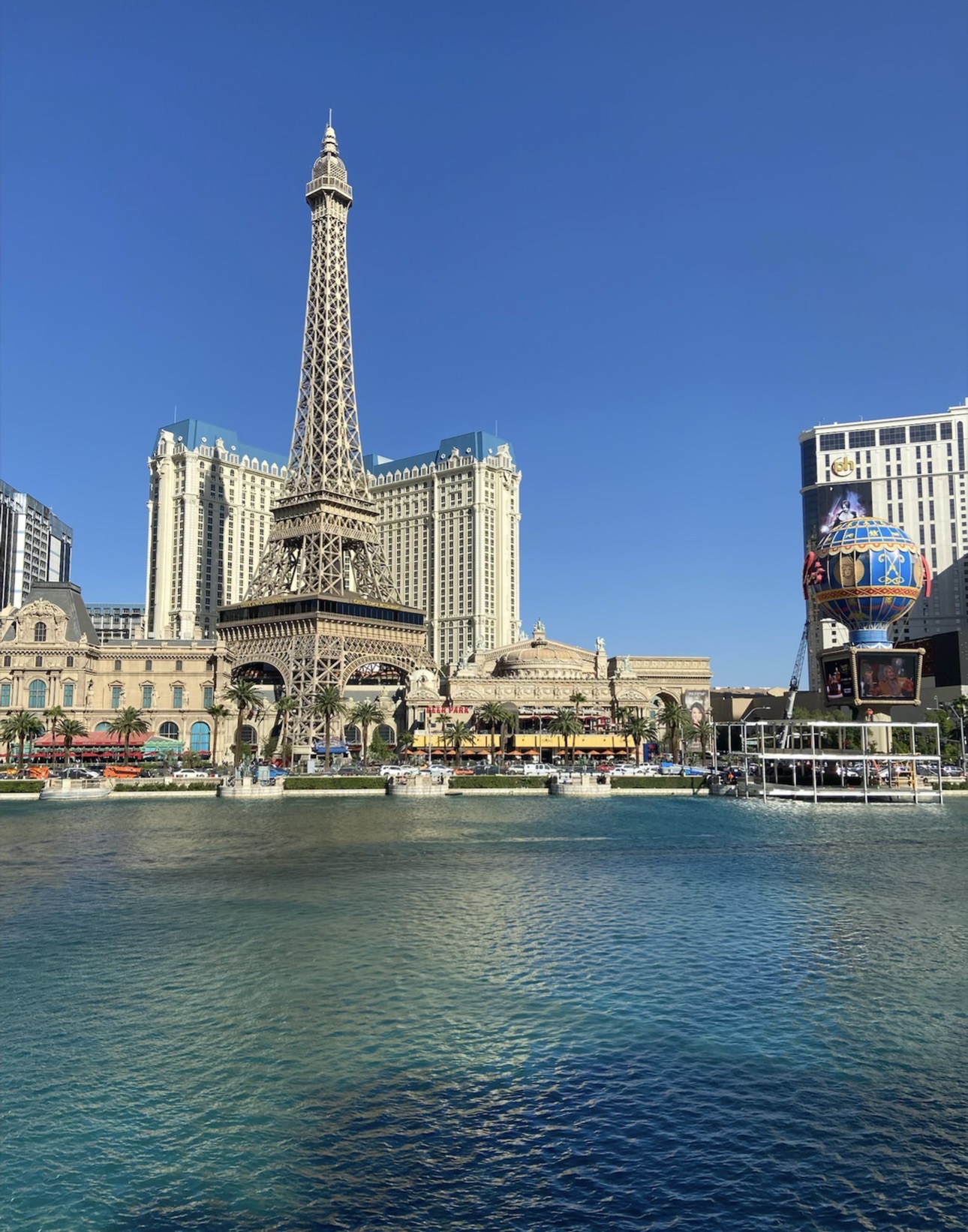 Paris Las Vegas hotel and Eiffel Tower viewed from the Bellagio fountains on the Las Vegas Strip.