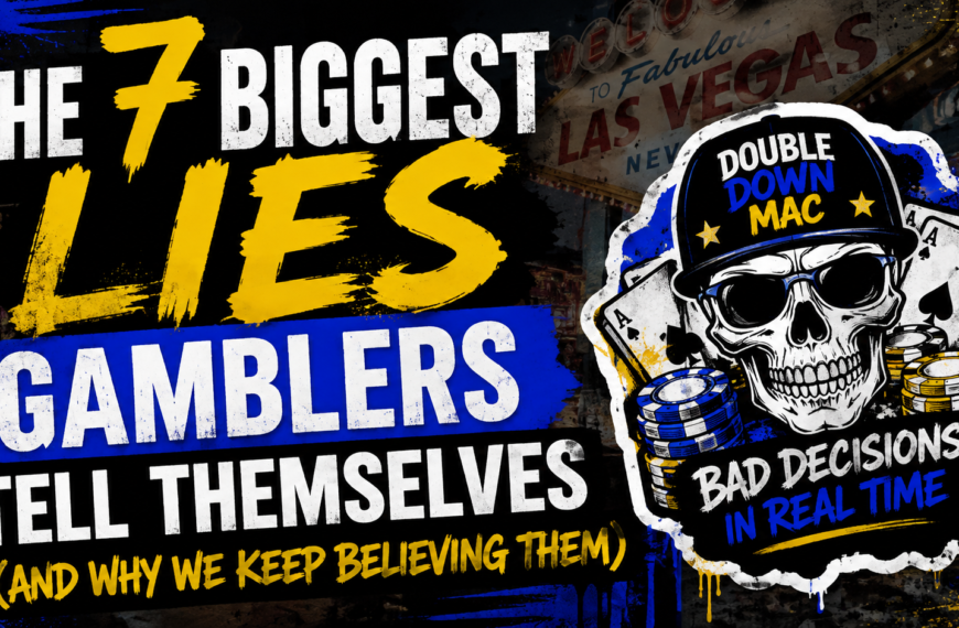 The 7 biggest lies gamblers tell themselves featured image with casino chips and Double Down Mac street art design