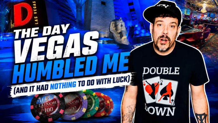 Double Down Mac in front of The D Las Vegas with text reading The Day Vegas Humbled Me during a blackjack story about variance and basic strategy