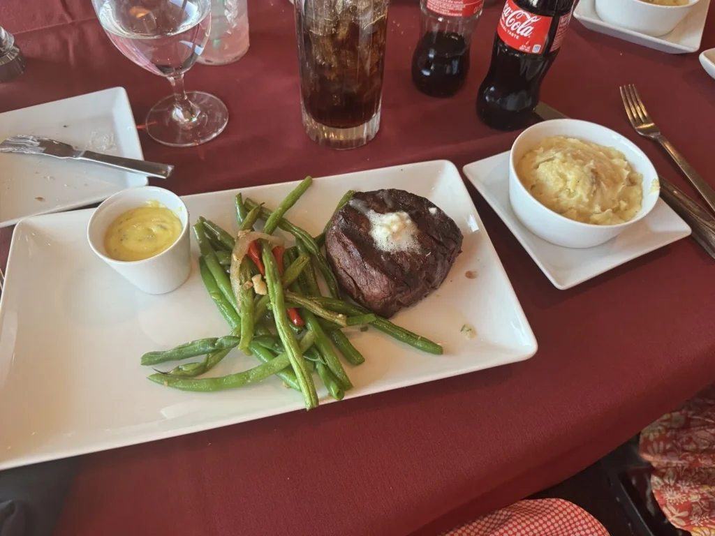Filet with green beans and mashed potatoes at Binion’s Steakhouse