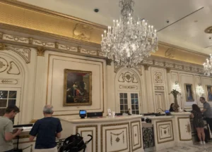 Check-in desk and chandeliers at Paris Las Vegas