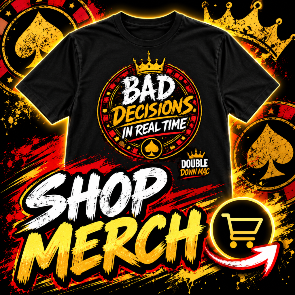 Black Double Down Mac T-shirt with Bad Decisions in Real Time design and Shop Merch text