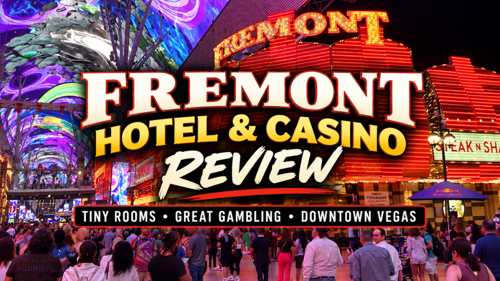 Fremont Hotel and Casino on Fremont Street in downtown Las Vegas with review text overlay