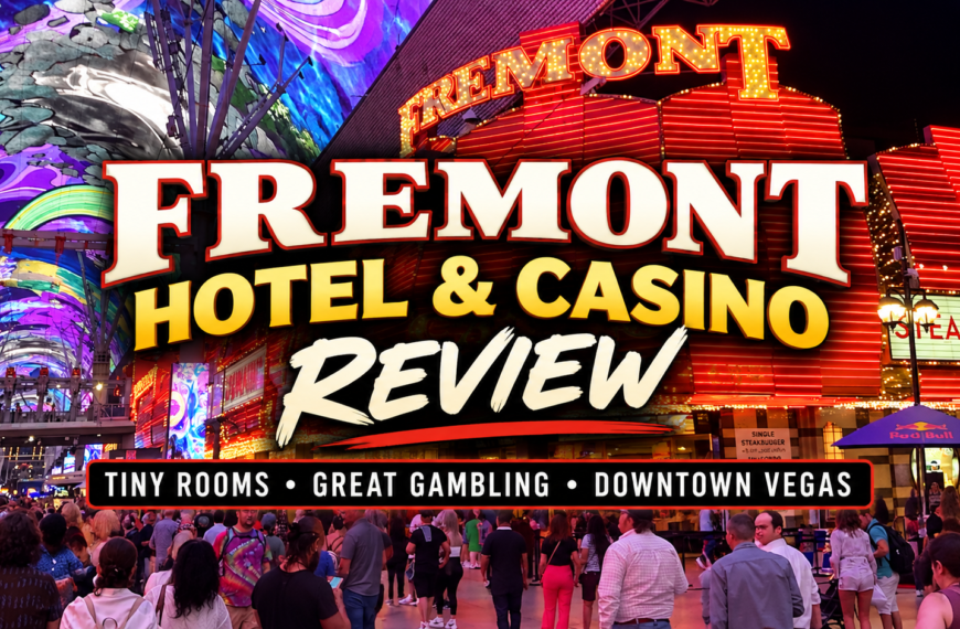 Fremont Hotel and Casino on Fremont Street in downtown Las Vegas with review text overlay