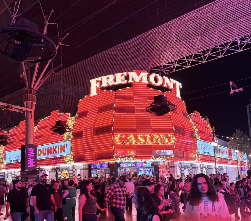 Fremont Hotel and Casino exterior on Fremont Street in downtown Las Vegas at night