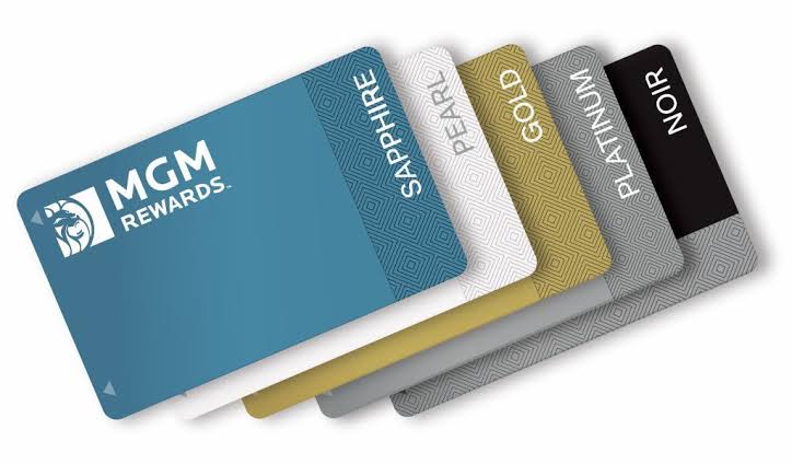 MGM Rewards tier cards showing Sapphire, Pearl, Gold, Platinum and NOIR status levels