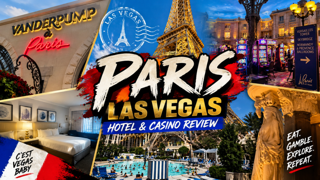 Paris Las Vegas review collage featuring the Eiffel Tower, casino floor, hotel room, pool, and resort attractions