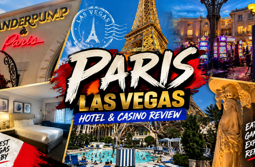 Paris Las Vegas review collage featuring the Eiffel Tower, casino floor, hotel room, pool, and resort attractions