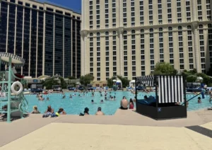 Lounge chairs and Eiffel Tower at the Paris Las Vegas pool