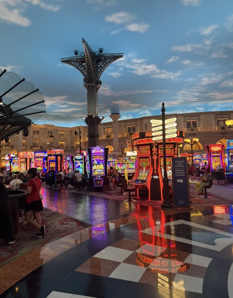 Slot machines beneath the painted sky inside Paris Las Vegas casino