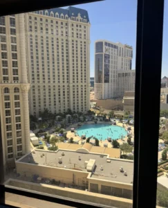 View of the Paris Las Vegas pool and Strip from a Versailles Tower room