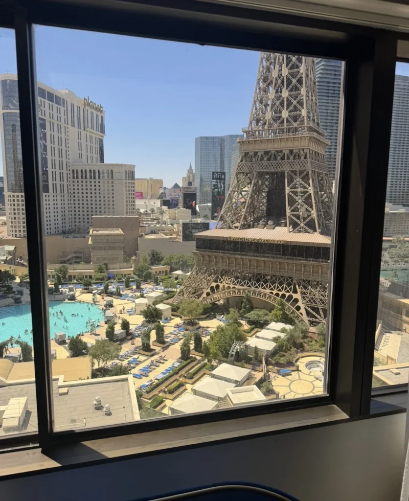 View of the Eiffel Tower and Paris Las Vegas pool from a Versailles Tower room