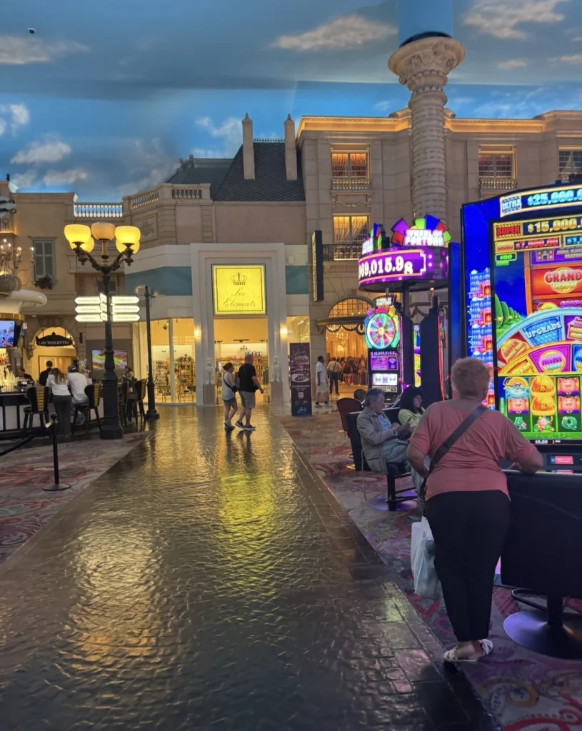 Slot machines beneath the painted sky inside Paris Las Vegas