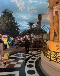 Painted sky ceiling and casino floor inside Paris Las Vegas