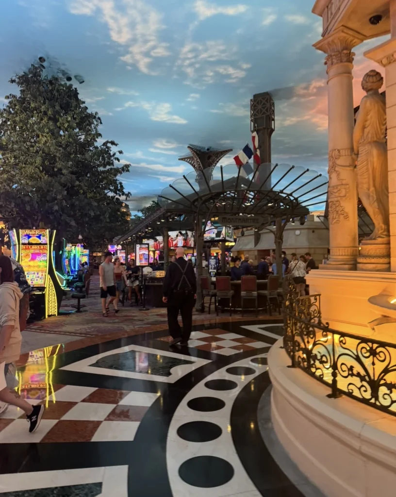Painted sky ceiling and casino floor inside Paris Las Vegas