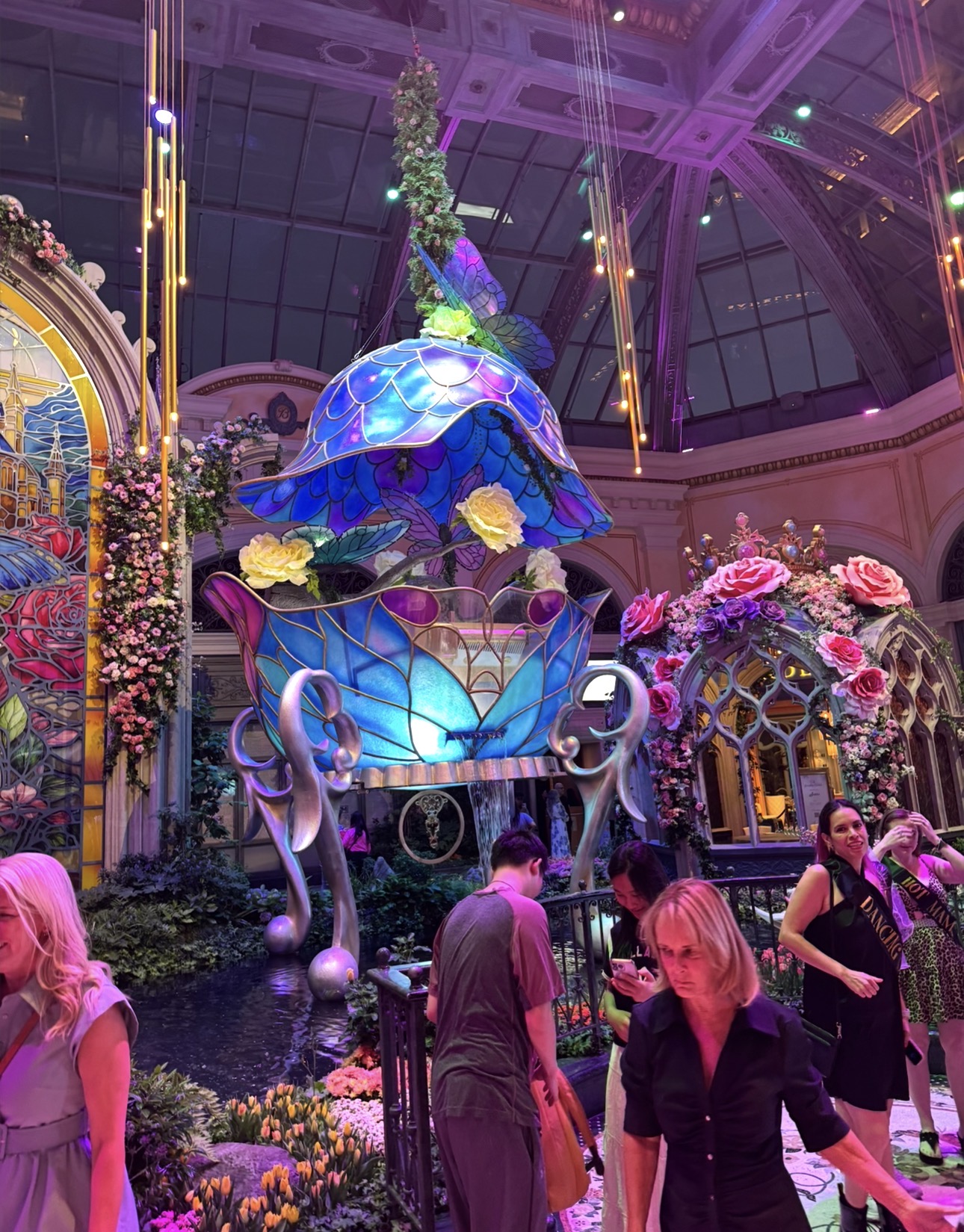 Colorful illuminated floral displays inside the Bellagio Conservatory and Botanical Gardens in Las Vegas.