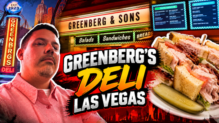 Greenberg’s Deli Las Vegas featured image with Double Down Mac, the deli counter and a turkey club sandwich