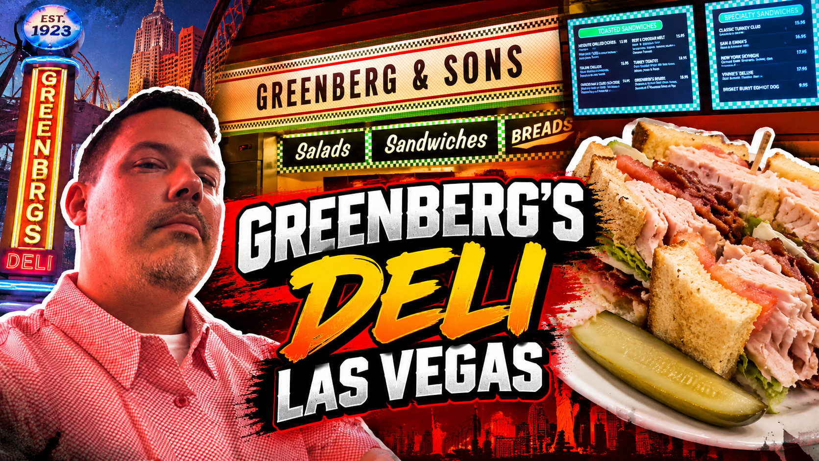 Greenberg’s Deli Las Vegas featured image with Double Down Mac, the deli counter and a turkey club sandwich