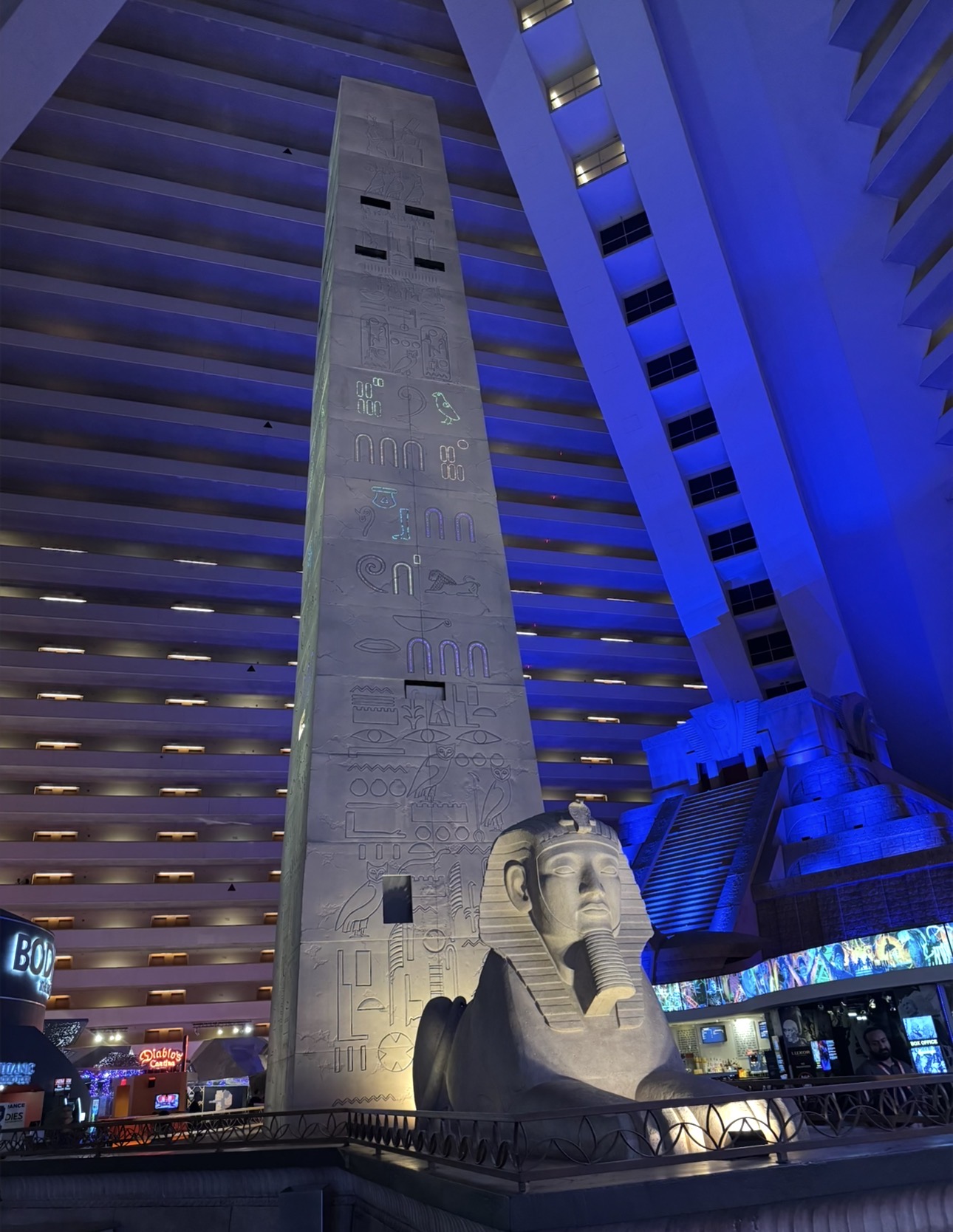 Large Egyptian obelisk and Sphinx statue inside the Luxor Las Vegas pyramid