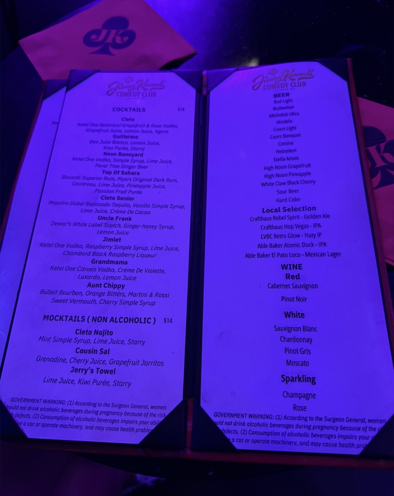 Cocktail beer wine and mocktail menu at Jimmy Kimmel’s Comedy Club Las Vegas