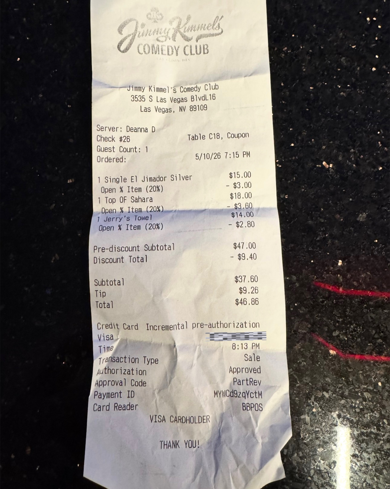Receipt showing drink prices and 20 percent Las Vegas Advisor discount at Jimmy Kimmel’s Comedy Club