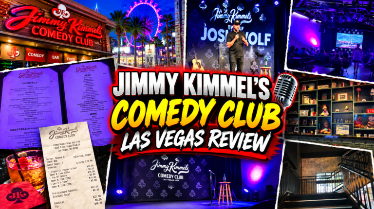 Jimmy Kimmel’s Comedy Club Las Vegas review collage featuring the club exterior, stage, drink menu, receipt, audience, and Josh Wolf performing