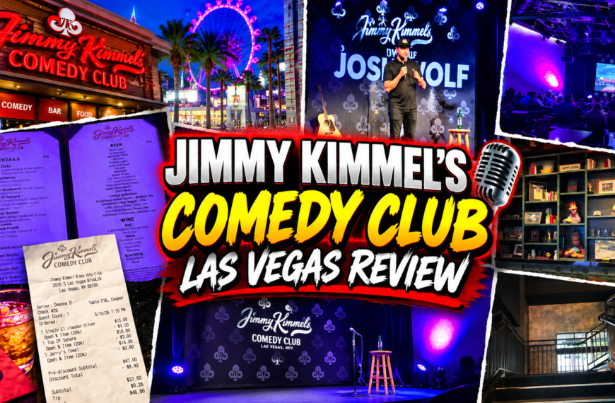 Jimmy Kimmel’s Comedy Club Las Vegas review collage featuring the club exterior, stage, drink menu, receipt, audience, and Josh Wolf performing