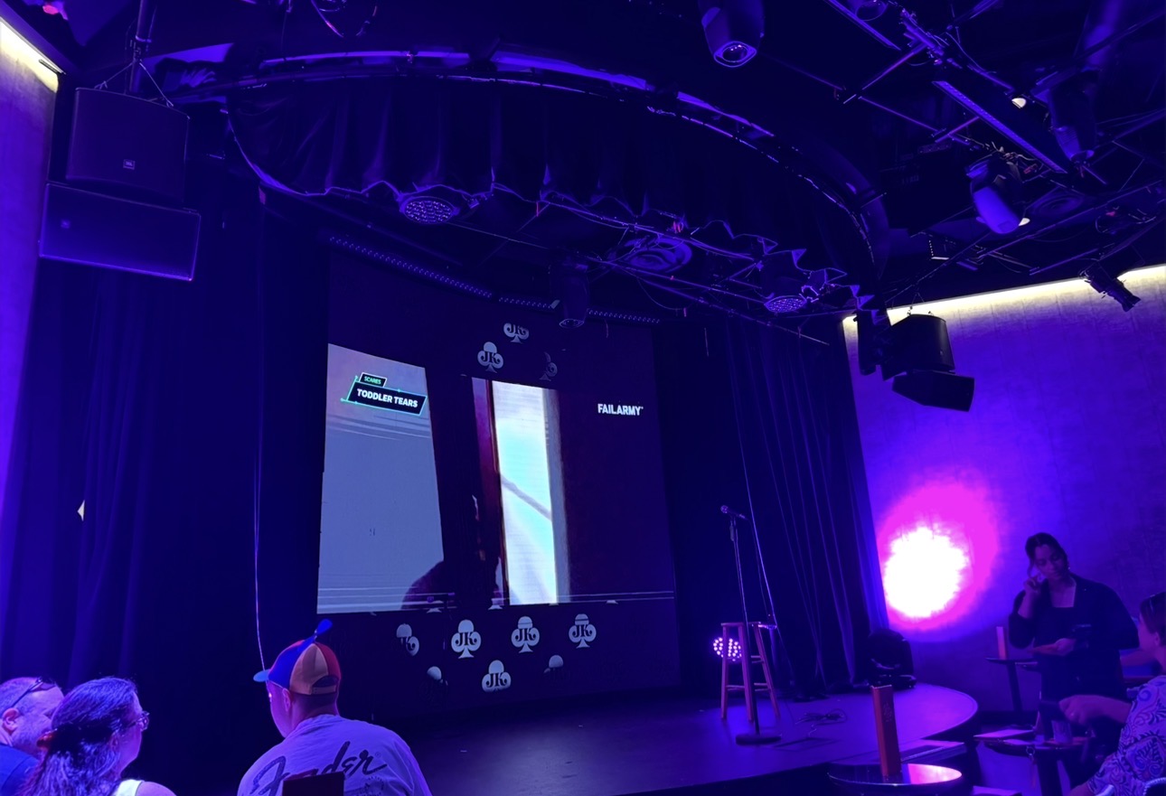 Stage and microphone inside Jimmy Kimmel’s Comedy Club before a comedy show