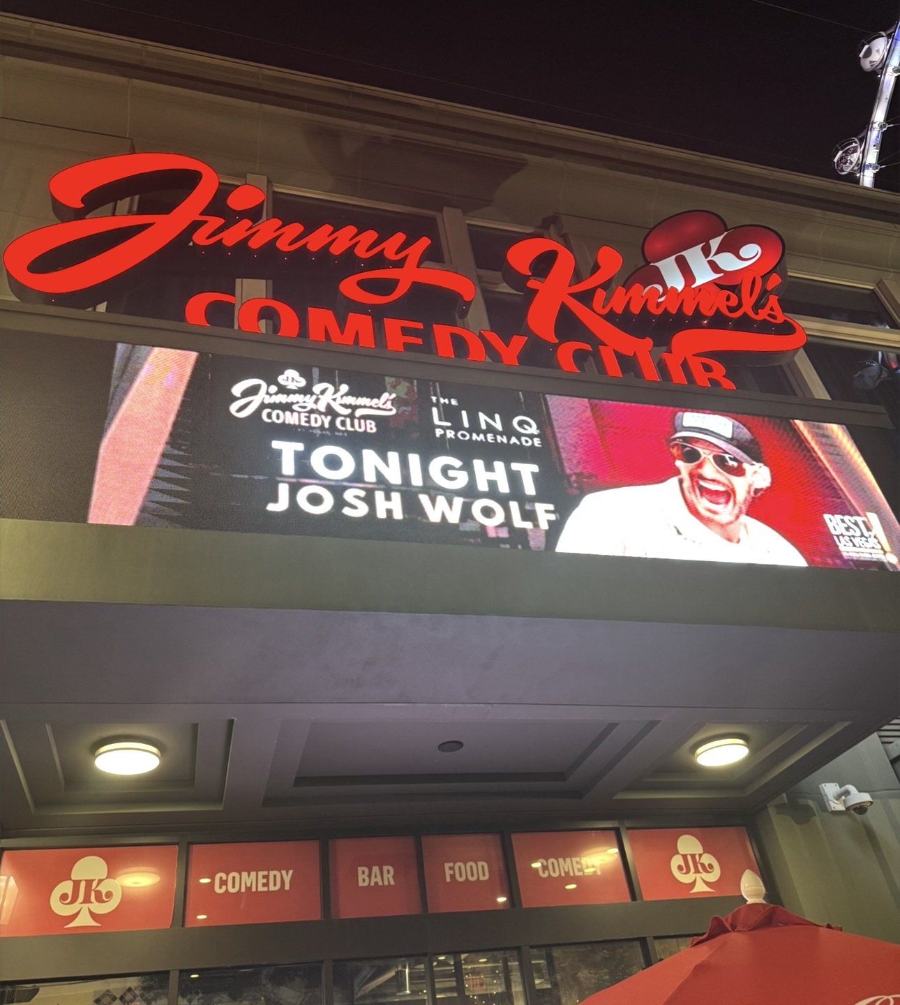 Exterior sign for Jimmy Kimmel’s Comedy Club at the LINQ Promenade in Las Vegas