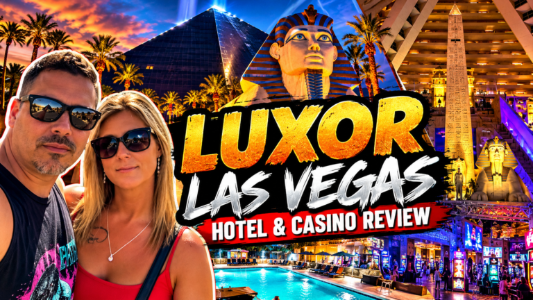 Luxor Las Vegas review featured image with the pyramid, Sphinx, casino, pool, and a couple in the foreground