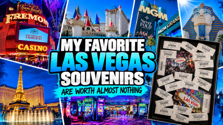 Las Vegas souvenirs featured image showing Fremont Street, Excalibur, MGM Grand, Luxor, Paris Las Vegas, and a framed collection of 19 casino cash-out tickets.