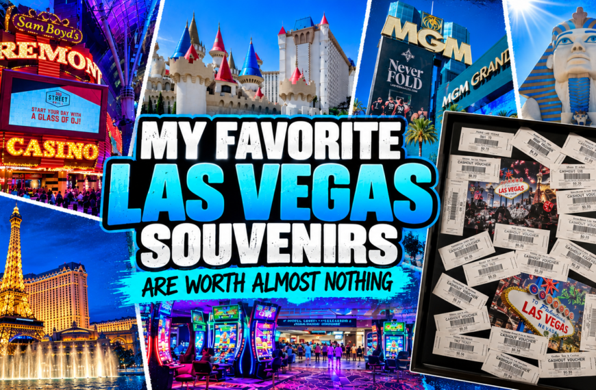 Las Vegas souvenirs featured image showing Fremont Street, Excalibur, MGM Grand, Luxor, Paris Las Vegas, and a framed collection of 19 casino cash-out tickets.
