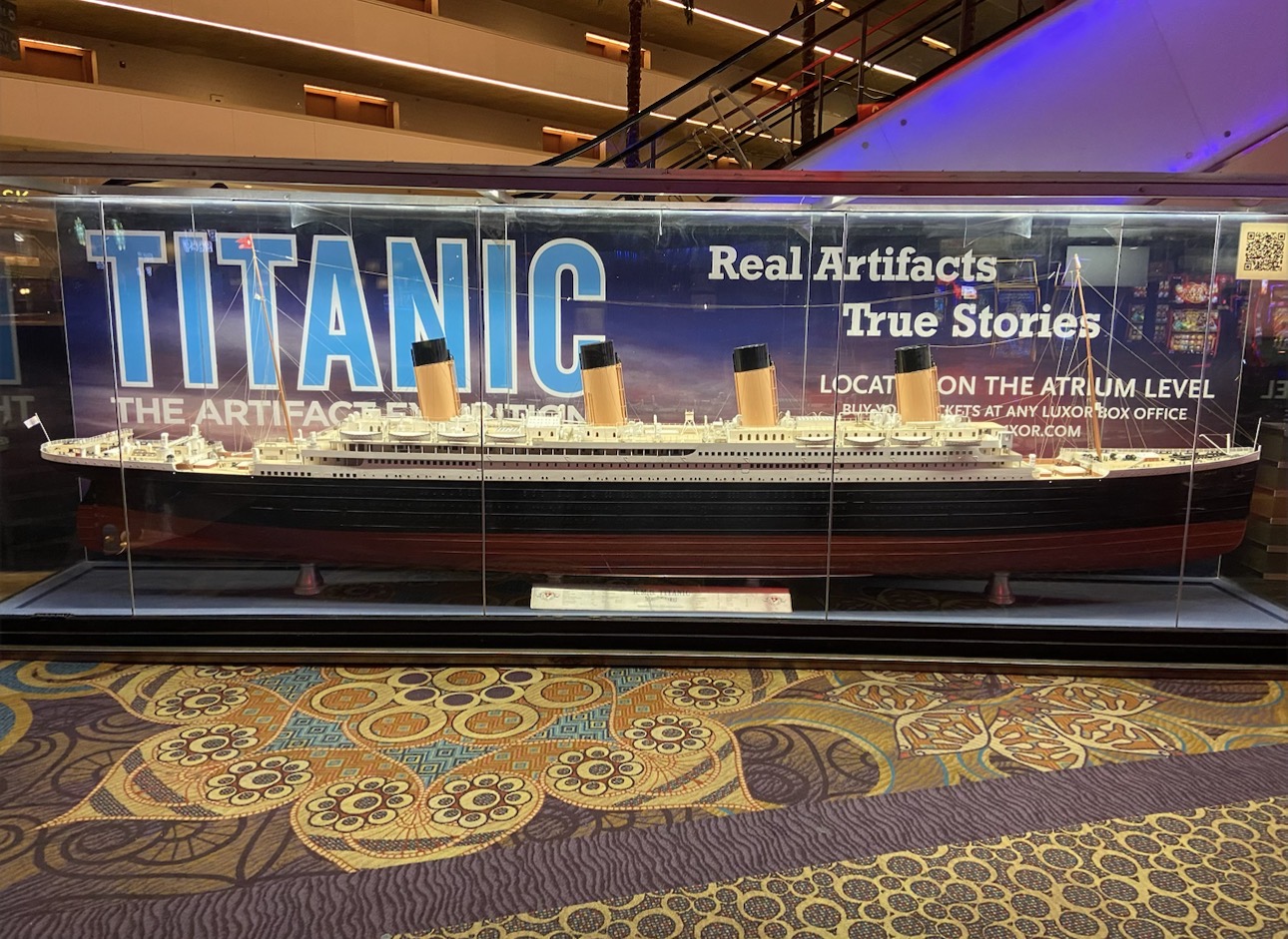 Titanic ship model displayed inside Luxor Las Vegas near the Titanic Artifact Exhibition