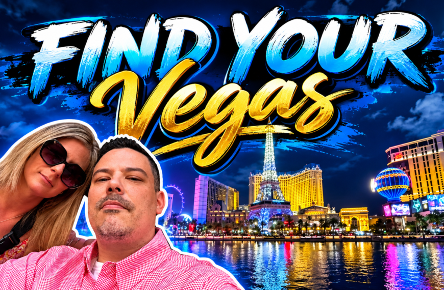 Find Your Vegas featured image showing Double Down Mac and Nikki in front of the illuminated Las Vegas Strip, featuring Paris Las Vegas, the Eiffel Tower, and Bellagio fountains with bold blue and gold lettering.